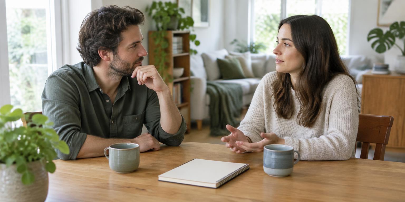Illustrative scene of two partners having a calm conversation at home